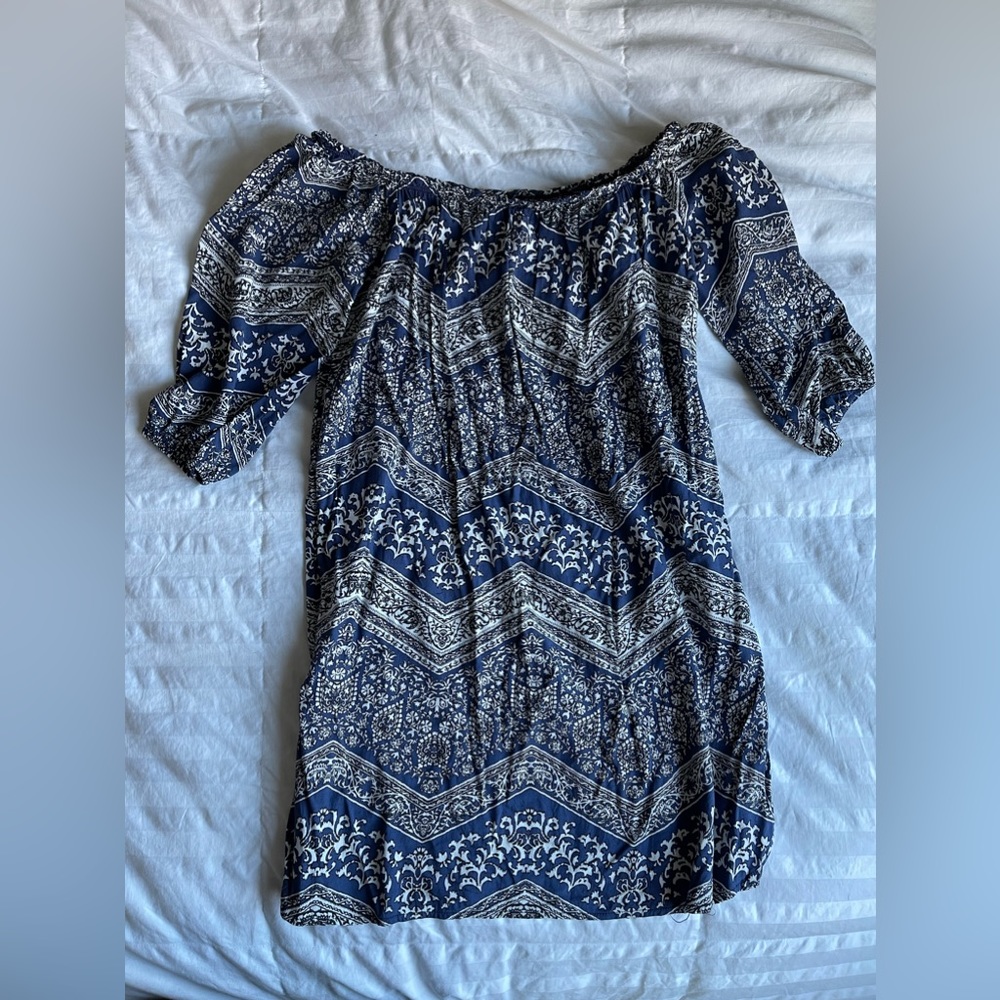 Mahina blue pattern off the shoulder mini dress
